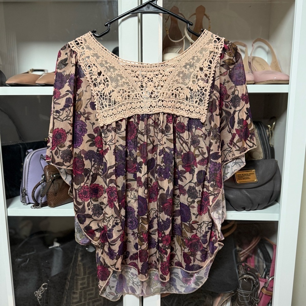 Eyelash Couture Boho Brown Colorful Floral Print Crochet Women's Top Size Large